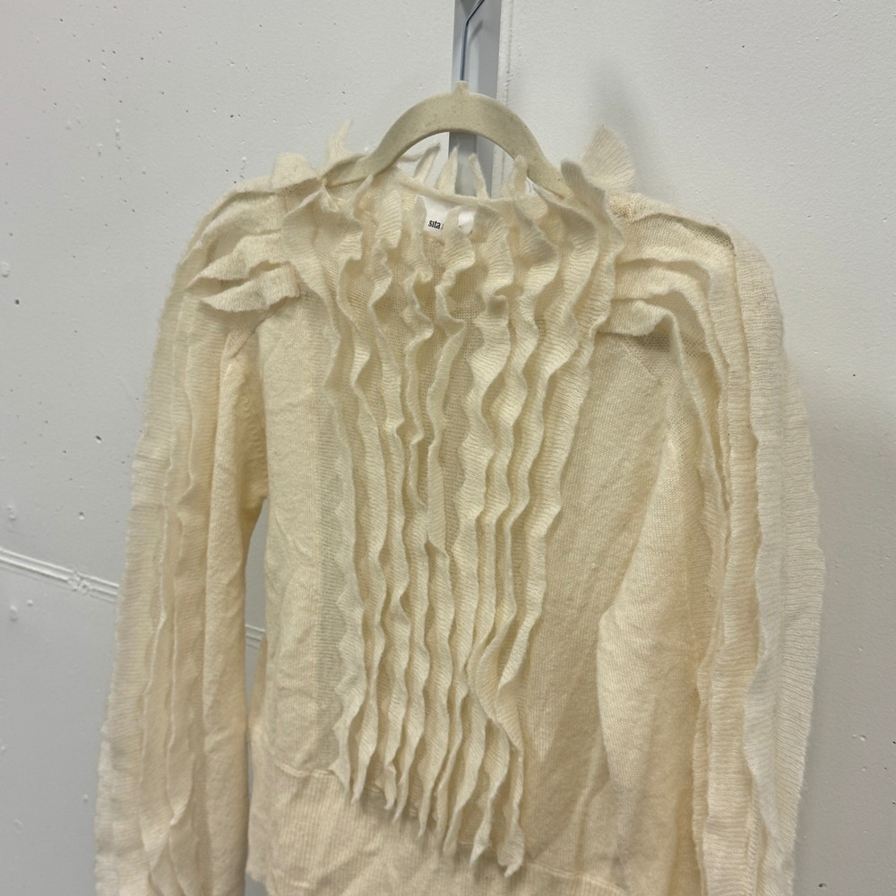 Sita Murt Cream Wool Alpaca Blend Ruffle Mock Neck Sweater Small Ivory White - Picture 6 of 14